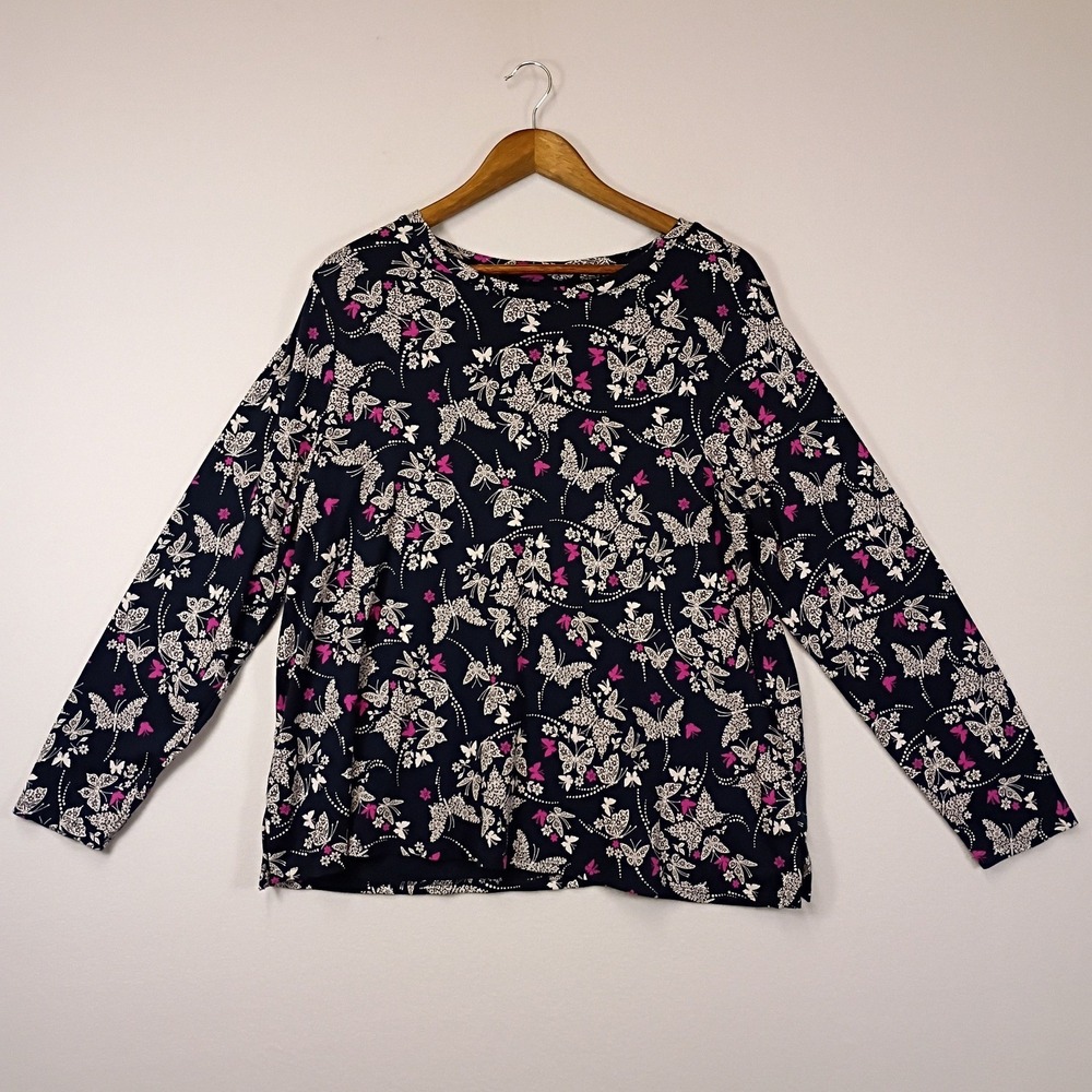 Cottagecore J. Jill Womens XL Petite Navy Butterfly Pima Cotton Long Sleeve Tee